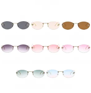 Detailed grid showing rimless oval sunglasses with crystal F logo in eight diverse colors