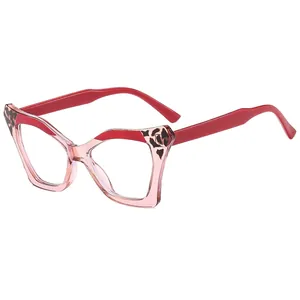 Elegant red cat-eye anti-blue light glasses with leopard print detail on white background