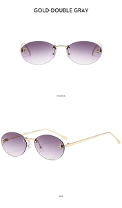 Close-up of rimless oval sunglasses with gold temples and rhinestone F detail