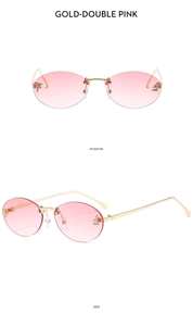 Detail of rimless oval sunglasses with pink gradient lenses and rhinestone F logo