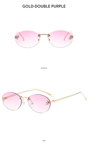 Detail of rimless oval sunglasses featuring purple gradient lenses and gold metal F-logo