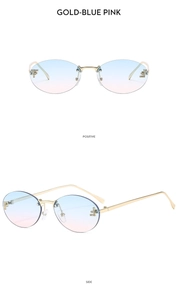 Close-up of rimless sunglasses with blue-pink gradient lenses and rhinestone F hardware
