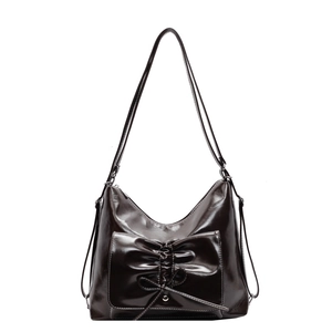Sac à bandoulière marron foncé pour femme en cuir brillant avec grand nœud élégant
