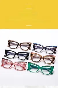 Detail view of six TR90 cat-eye frames in leopard, marble, and textured patterns