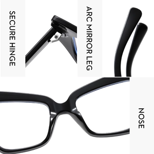 Detail of secure metal hinges, arc temples and nose pads of TR90 cat eye glasses