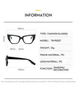 Detailed size chart for black cat-eye TR90 frames showing 146mm width and 31g weight
