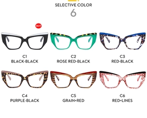 Detailed grid view of six colored TR90 cat-eye eyeglass frames for women