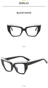 Detailed view of TR90 cat-eye glasses frames in black and white from positive and 45-degree angles