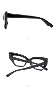 Detail view of cat eye TR90 frame showing side temples and back structure of glasses