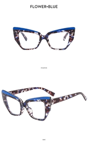 Detail of TR90 cat-eye blue floral glasses frame showing positive and side views