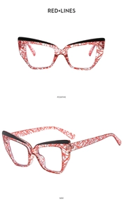 Cat eye glasses frames with red lines pattern shown in positive and side views