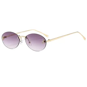 Retro rimless oval sunglasses with purple gradient lenses and gold diamond F-decor