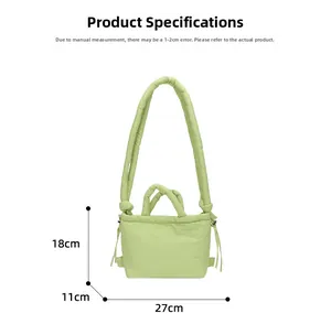 Detailed dimensions of the light green quilted nylon shoulder bag with size markings