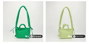 Detailed comparison of green and light green padded nylon crossbody bags with drawstrings