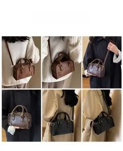 Collage of mini Boston bags in black and brown leather with metal hardware detail