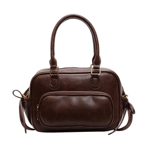 Retro dark brown large capacity Boston bag with functional pockets and dual handles