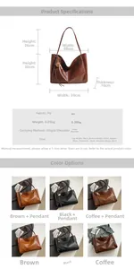 Size chart and specifications for the vintage large capacity PU leather tote shoulder bag