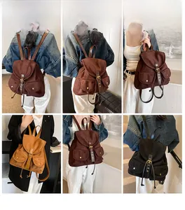 Collage of casual vintage backpacks in various colors shown from different angles on a model