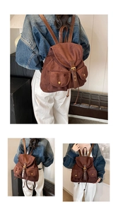 Three-angle view of vintage dark brown suede backpack worn with a denim jacket