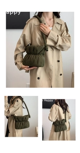 Nylon pleated puffer shoulder bag, trendy green cloud bucket bag for women daily wear.