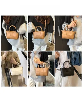 Detailed views of stylish woven leather crossbody bag in brown, white, and black colors
