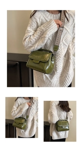 Close-up of green vintage oil wax leather bag featuring a wide woven shoulder strap