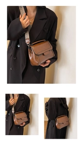 Three views of a retro brown crossbody bag with a wide woven shoulder strap on a model