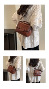 Detailed views of a brown vintage satchel with patterned strap and contrast stitching
