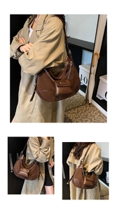 Detailed view of brown leather patchwork shoulder bag with chain and coin purse