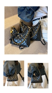 Detail of black quilted hobo bags with gold chain straps and lock charms in two sizes