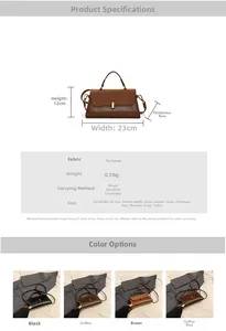 Detailed size chart and multi-color options for matte PU leather square crossbody bag