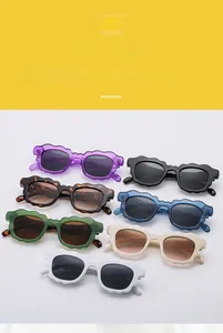 Detail display of wavy frame sunglasses in multiple vibrant colors and vintage styles