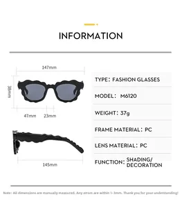 Detailed size chart for sweet scalloped frame sunglasses with frame and lens measurements