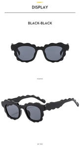 Detailed views of black wavy frame sunglasses showing positive and 45-degree side angles