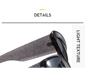 Detail of gray translucent Y2K sunglasses frame featuring silver glitter texture