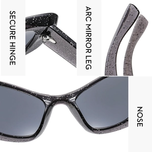 Detail view of glitter black Y2K sunglasses with metal hinges and ergonomic nose pads