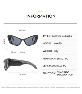 Detailed size chart and technical specifications for Y2K cat-eye sports sunglasses