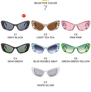 Matrix display of seven stylish cat eye sunglasses in various trendy Y2K color variants
