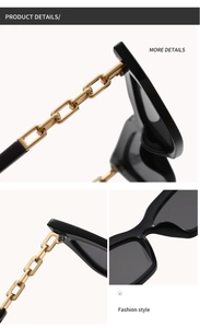 Détail de lunettes de soleil noires avec branches en chaîne dorée et charnière robuste