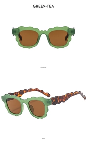 Front and side view of green wavy frame sunglasses with brown lenses and tortoiseshell arms