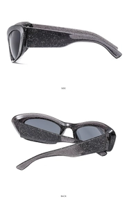Detailed side and back views of grey cat-eye sunglasses with silver glitter finish