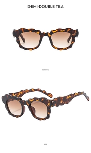 Detailed views showing the wavy frame edges and demi-double tea texture of the sunglasses