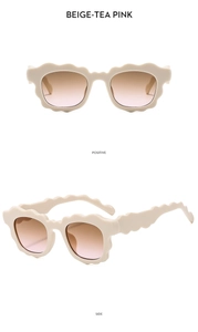 Detailed views of beige wavy sunglasses with tea pink gradient lenses and matte finish