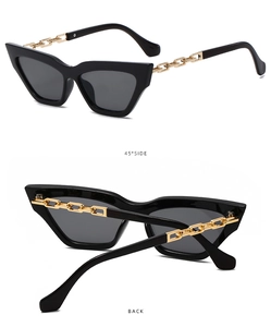 Vues détaillées de lunettes de soleil œil-de-chat noires avec branches en chaîne dorée