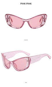 Detailed views of pink glitter cat-eye sunglasses from positive and side angles
