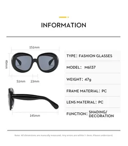 Detailed dimensions of retro oval black sunglasses showing 151mm width and 145mm temples