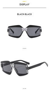 Detailansichten der eckigen schwarzen geometrischen Sonnenbrille mit dunkelgrauen Gläsern