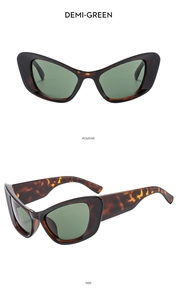 Front and side view of vintage cat-eye sunglasses with demi frames and green lenses