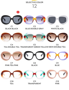 Grid view of twelve vintage oval sunglasses in various colors with stylish thick frames
