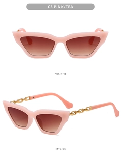Vues détaillées de lunettes de soleil œil-de-chat roses avec branches en chaîne dorée